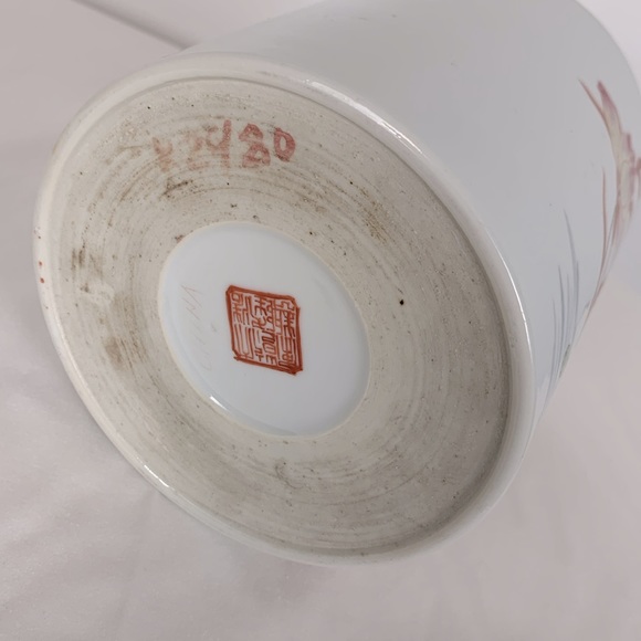 Chinese White Ceramic Water Graphic with Ducks & Flowers Container Vase Planter - Picture 8 of 9